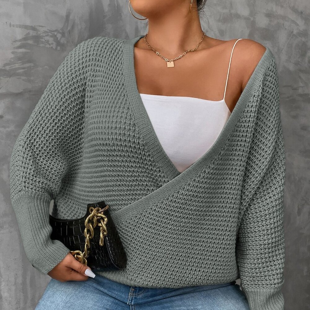 Grey Casual Women's Plus Size V-Neck Pullover